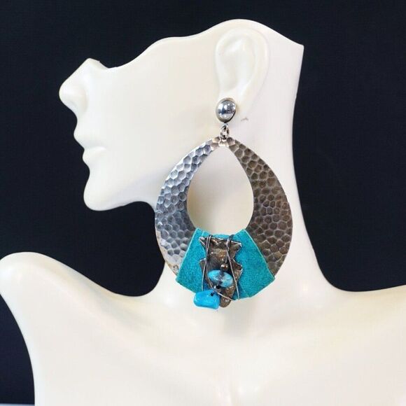 Large Statement Earrings Hammered Silver Tone Metal Turquoise Stone With Fabric - Picture 1 of 6